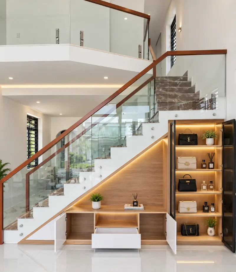 Bàn giao hệ tủ gầm cầu thang nhựa Vincoplast kết hợp tủ trưng bày cánh kính anh Leonardo DiCaprio biệt thự Louis City Hoàng Mai sáng Chủ Nhật (4/10)